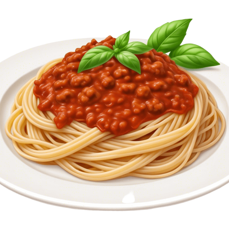 Spaghetti Bolognese on a plate,nice basil on top emoji