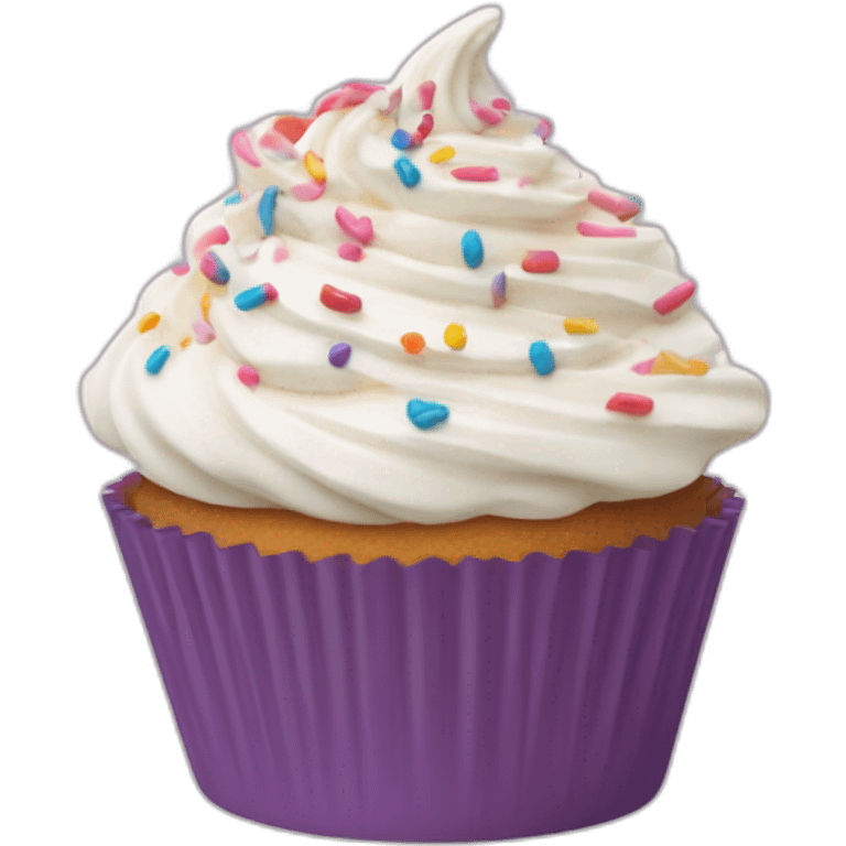 Individual cupcake in a liner topped with a swirl of frosting and sprinkles emoji