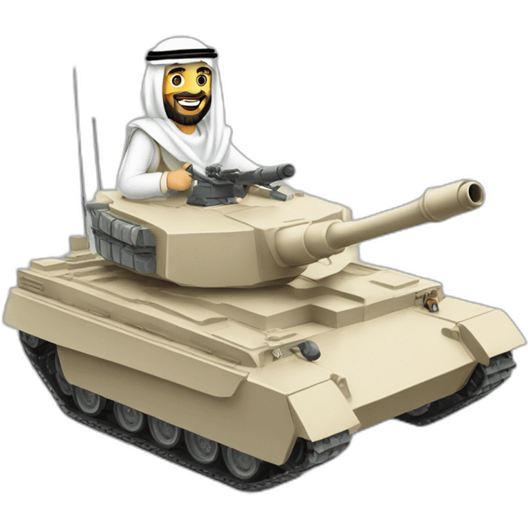 prince from Saudi Arabia with a beard in a white  shemagh national headdress riding  on a tank, smiling emoji