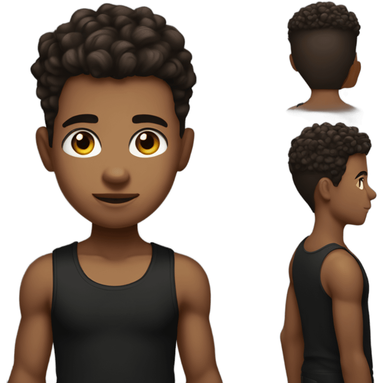 Boy with hair shaved on the sides and curly hair on top, dark brown eyes, wearing black tank top emoji