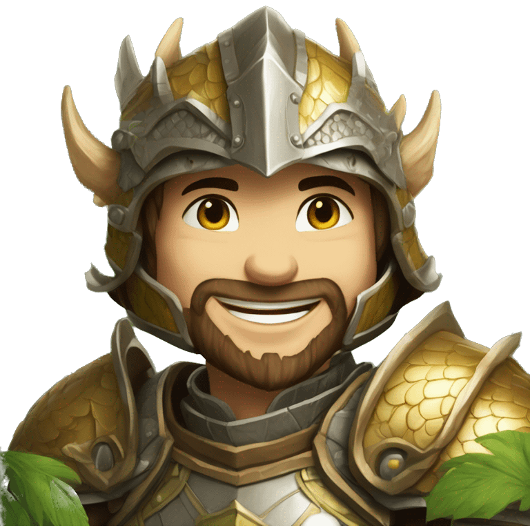 fantasy warrior, dragon-themed armor, intricate scales, dragon scale helmet, confident smile, medieval background, wooden structures, greenery emoji