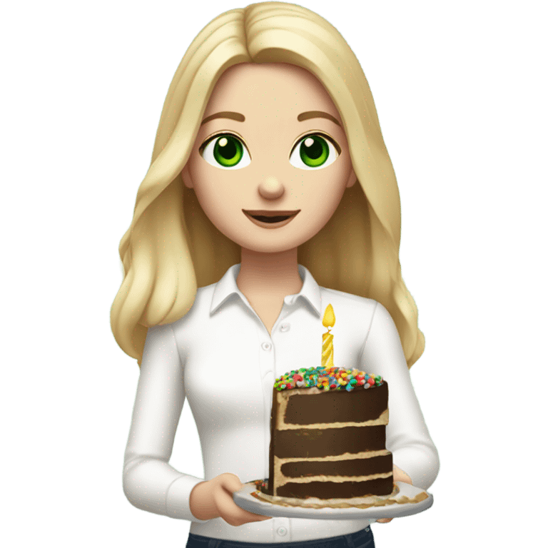 White girl with blonde straight hair, dark green eyes, white shirt, birthday cake in hands emoji