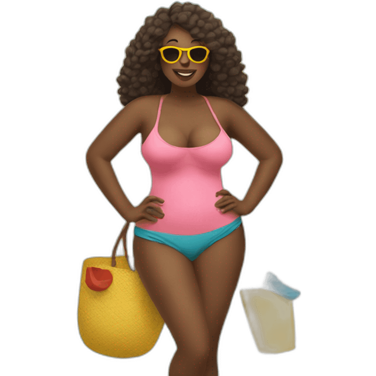 women going to the beach with thick curves emoji