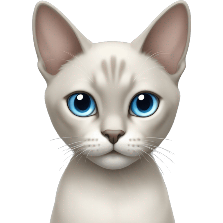 Thai breed cat with a light cream body, dark gray face, ears, and paws. Short fur, sharp ears, and striking light blue eyes with an intense gaze. emoji