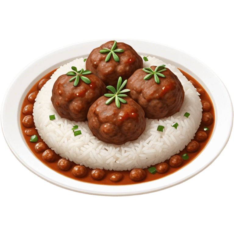 Kofte Cinematic Realistic Kofte Dish Emoji, depicted as spiced meatballs served alongside a portion of fragrant rice, rendered with rich textures and warm, appetizing lighting. emoji