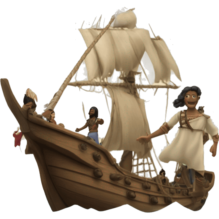 a ship and some land. the ship is approaching the land, and on the ship are british people. they are meeting the indians. emoji