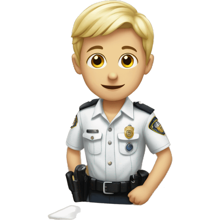 boy in white shirt indoors with police uniform emoji