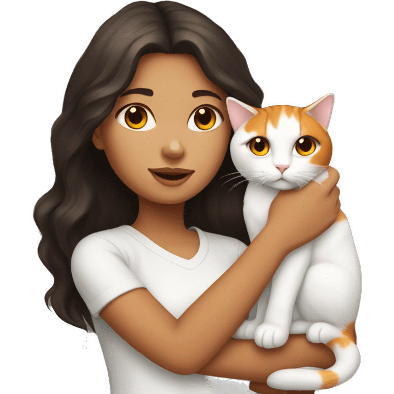 Girl with dark brown hair and white skin holding orange and white cat   emoji