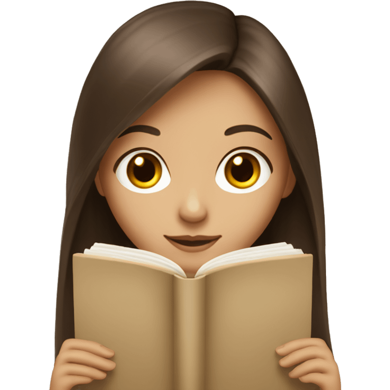 brunette long hair girl with beige soin and brown eyes reading book emoji