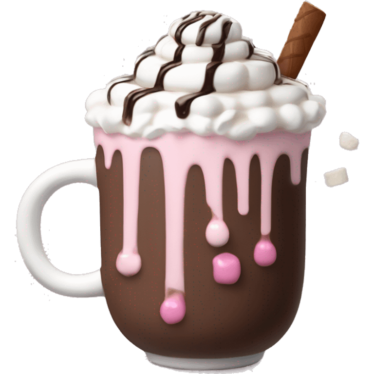 hot chocolate with mug and whip cream and chocolate drizzle and pale pink strawberry and marshmellows emoji