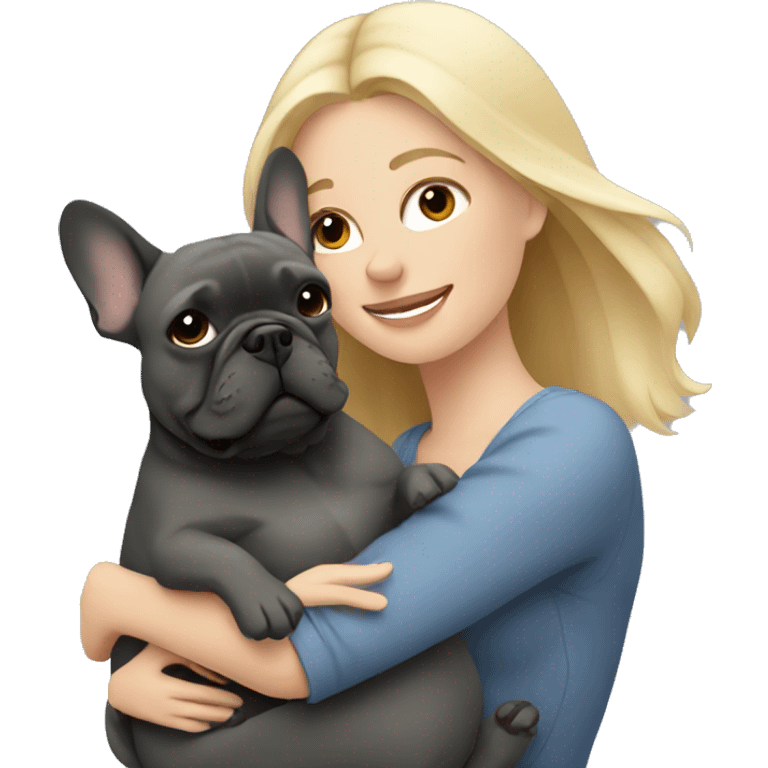 Blonde woman hugging dark gray french bulldog emoji