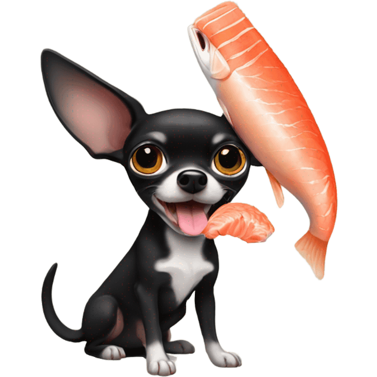 Black chihuahua with salmon in mouth emoji