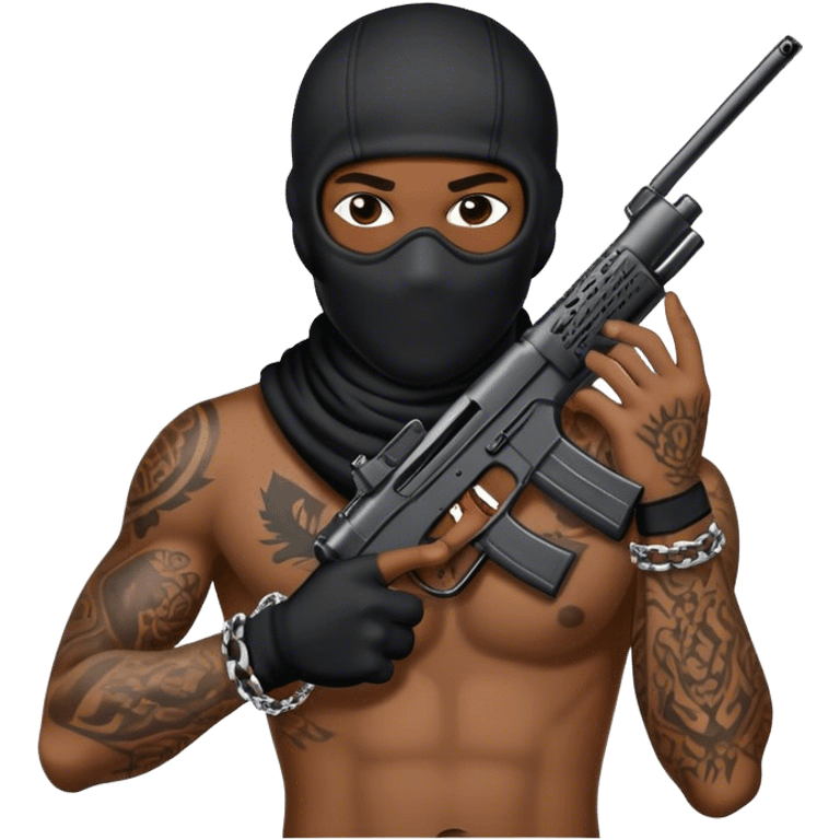 Black guy with chain ski mask tattoos holding a gun emoji