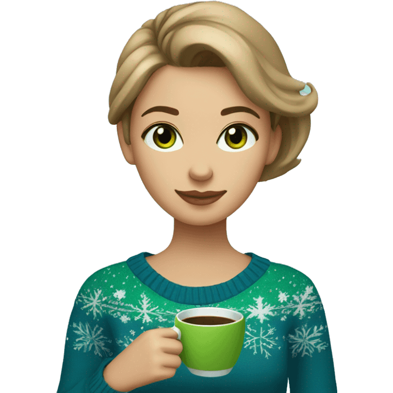 Light brown short haired girl with green eyes drinking coffee wearing blue Christmas sweater emoji