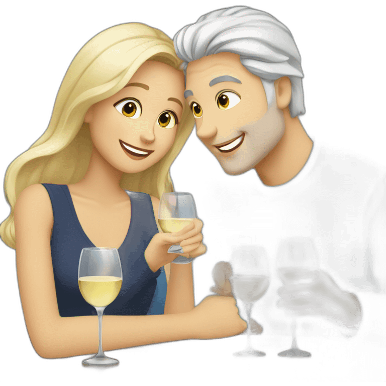 A woman with brown eyes and blond hair and a man with blue eyes and grey hair, they toast to each other with a glass of white wine. emoji