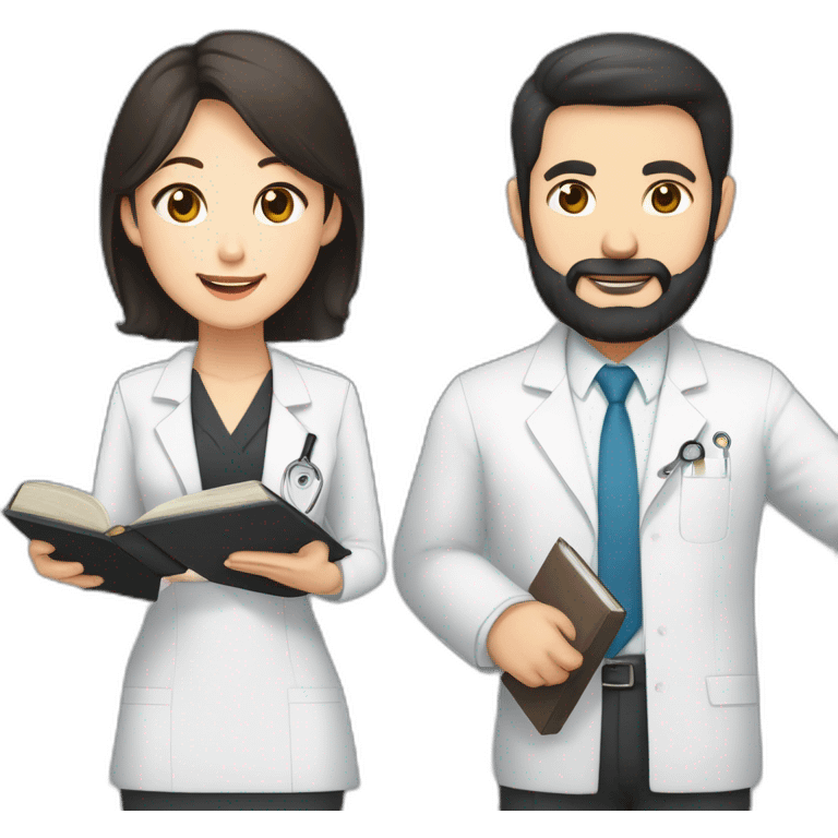 husband american age 50 dark brown hair trimmed beard wearing dark business suit holding bible together, wife asian age 50 black hair wearing nurse uniform, no children emoji