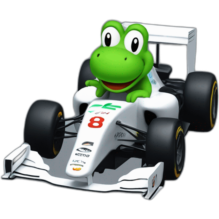 Green Yoshi in a Mercedes F1 racing car emoji