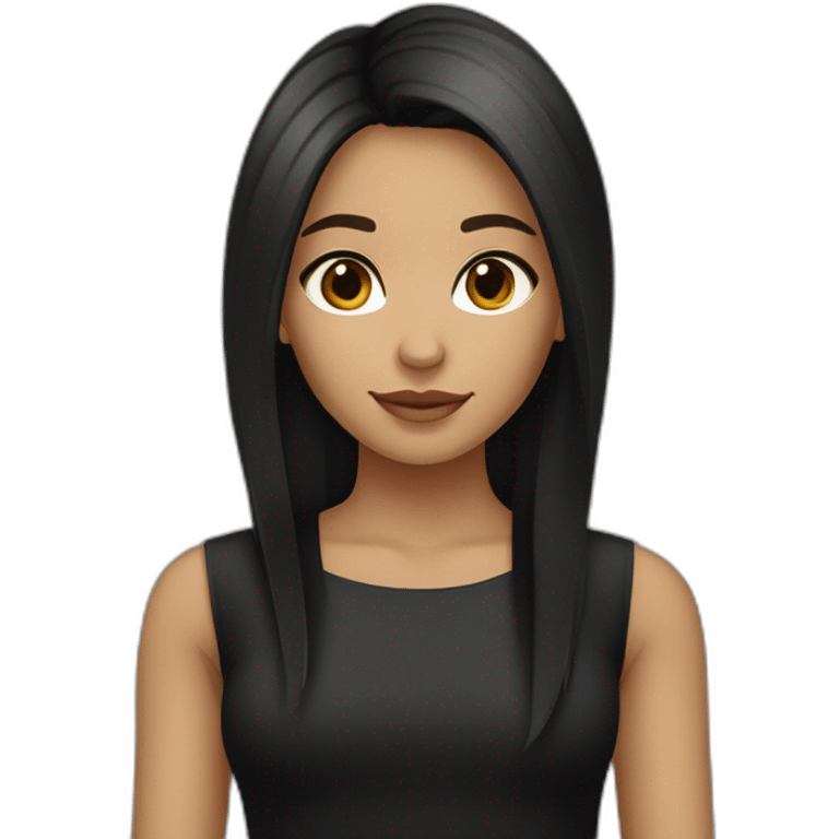 girl She has brown eyes, long dark hair, straight and styled. She has an olive skin tone and wears black clothing, which contrasts with her fair complexion. emoji