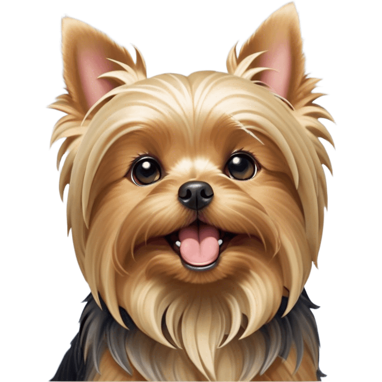 Cinematic Cute Yawning Yorkshire Terrier Portrait Emoji, Head tilted with a playful, drowsy expression and droopy, adorable eyes, featuring a soft, well-groomed fur in rich hues, simplified yet irresistibly endearing, highly detailed, glowing with a warm, cozy radiance, high shine, exuding a relaxed yet spunky charm, styled with a gentle, soft glowing outline, capturing the essence of a Yorkshire Terrier mid-yawn that seems as if it could cuddle right off the screen! emoji