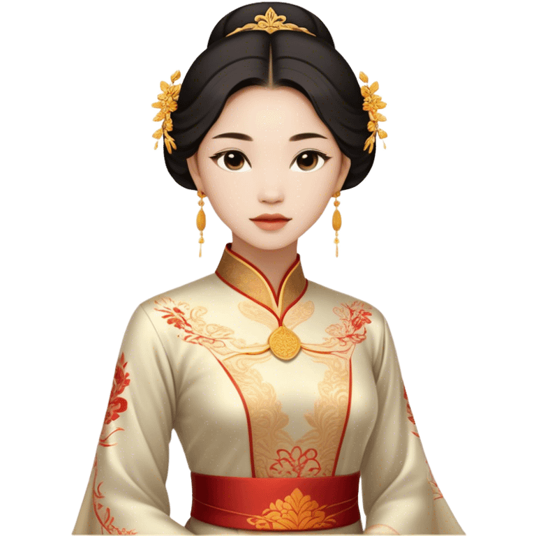 Cinematic Realistic Áo Dài Portrait Emoji, depicted as an elegant traditional Vietnamese dress with flowing graceful lines and delicate patterns, rendered with rich textures and soft ethereal lighting that captures its timeless beauty. emoji