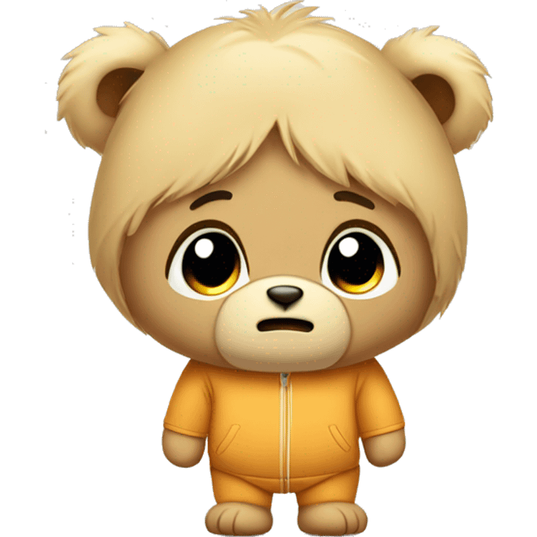 Sad looking teddy bear with blonde fur and jogging suit emoji