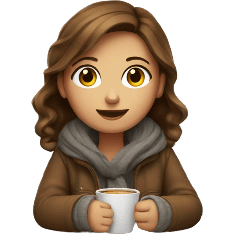 A brown hair girl sitting in a cafe with warm clothes  emoji