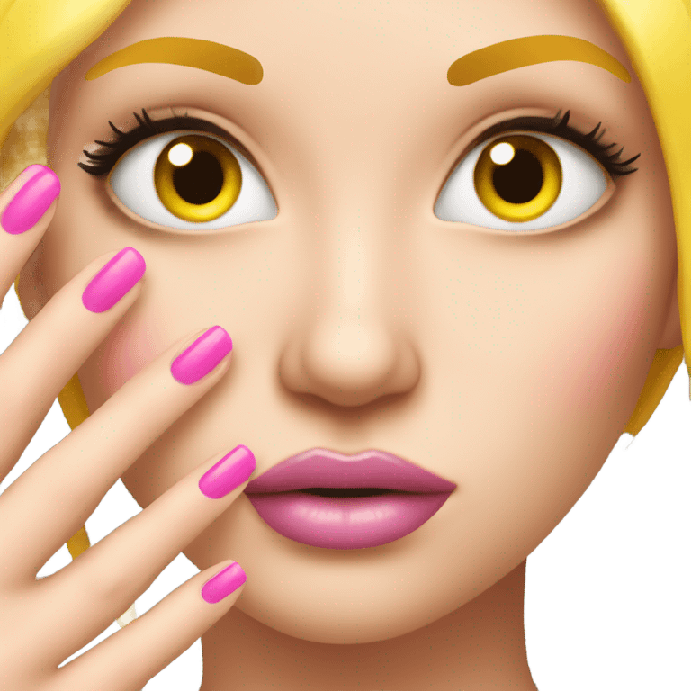 Sassy yellow emoji with long eye lashes and showing off long pink nails emoji