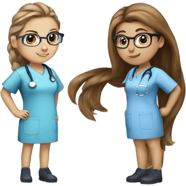 Best friend nurses in blue scrubs one girl has glasses with long hair in a pony tail and the other has long brown hair emoji