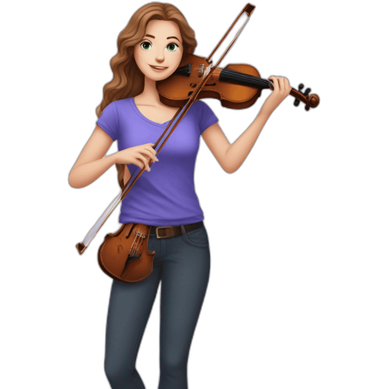 White female long brown wavy hair, vivid blue eyes, purple shirt, holding a violin, standing in a garden, with laptop emoji