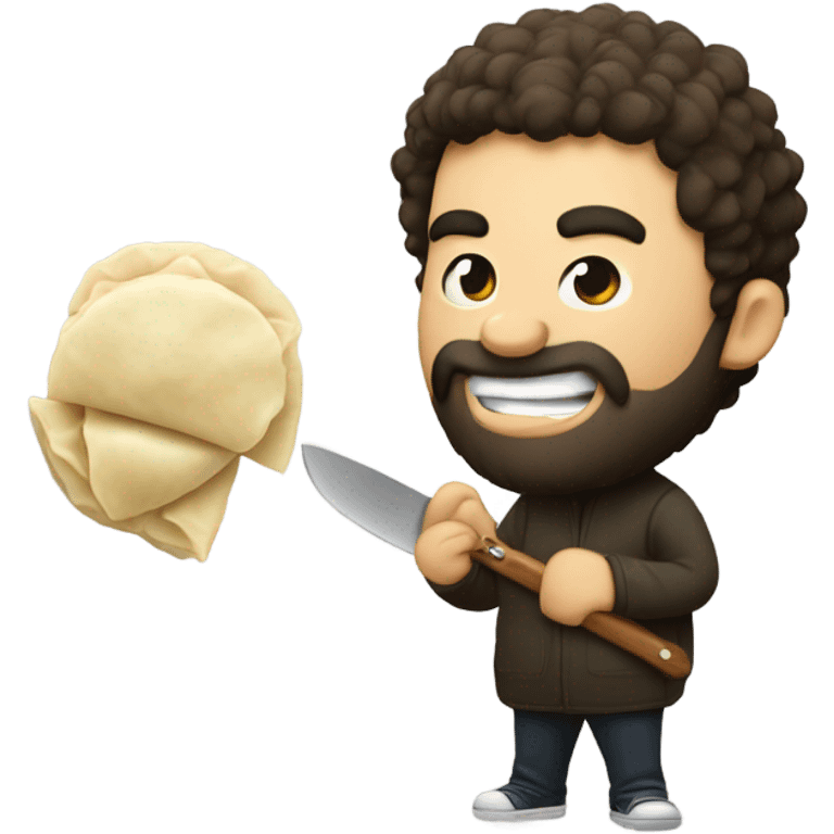 Hairy man eating dumplings with a knife but no fork emoji