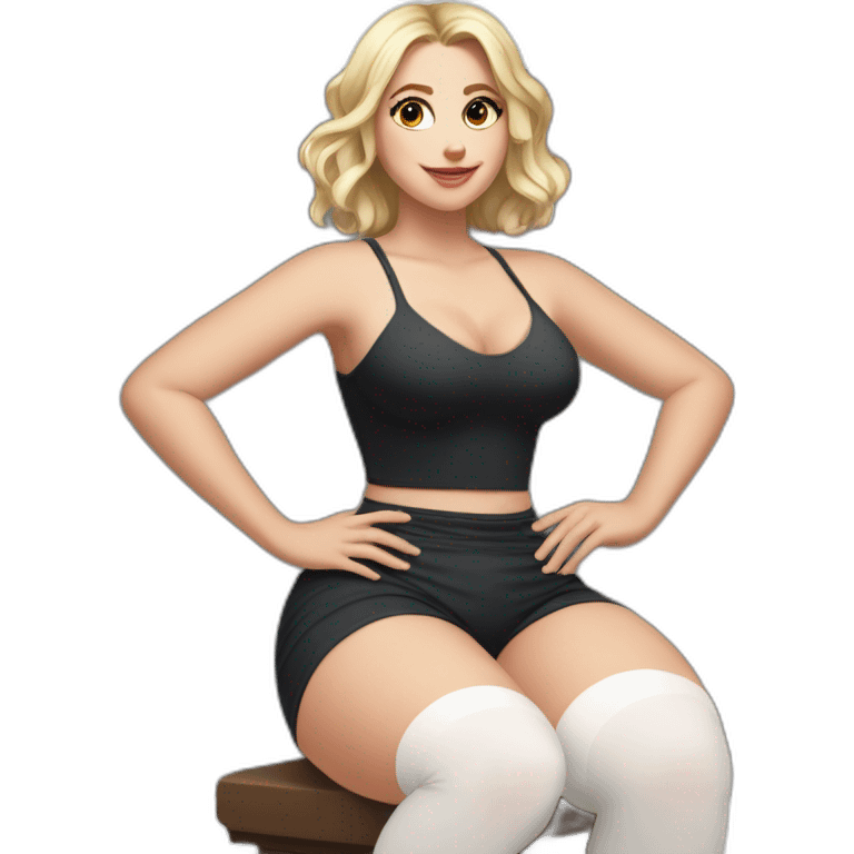 Front view full body curvy caucasian beauty sitting straight hands up black skirt white knickers white socks emoji