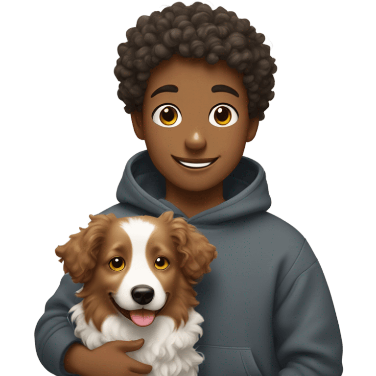 A happy curly-haired boy in a sweatshirt holds a border collie emoji