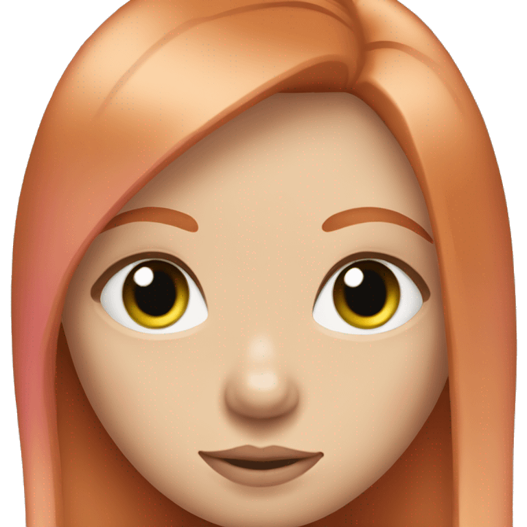 ginger girl, green eyes eyes, shoulder lenght straight hair with bangs, wearink pink  emoji