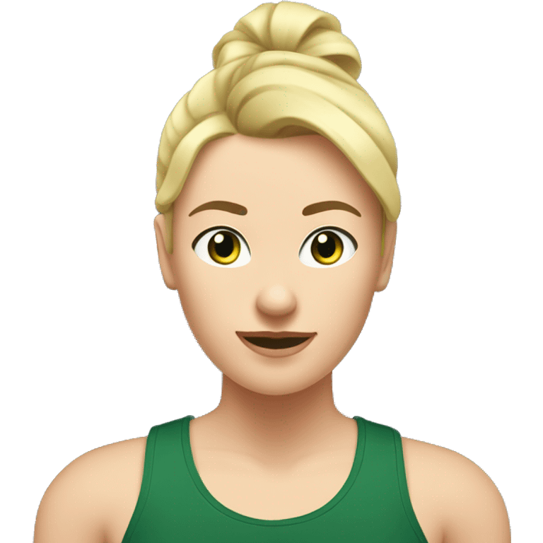 Mom who has ponytail with blond hair and eyebrow piercing who haswhite skin and dark green t shirt is in thegym emoji