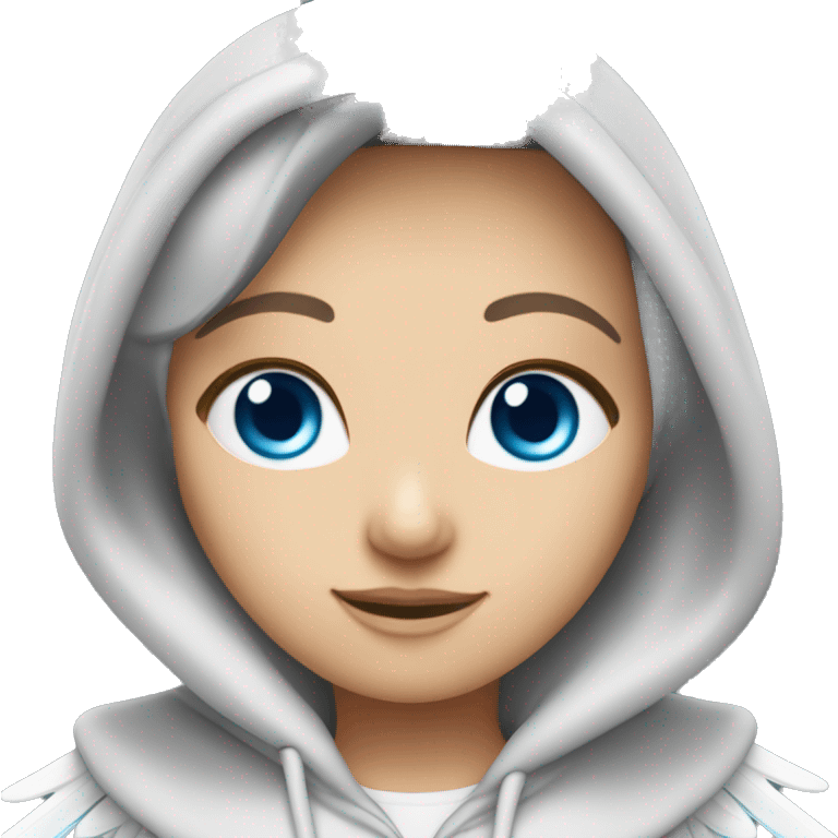 Caucasian dark haired female Angel with blue eyes and dimples wearing a hoodie with wings and a halo over her head emoji