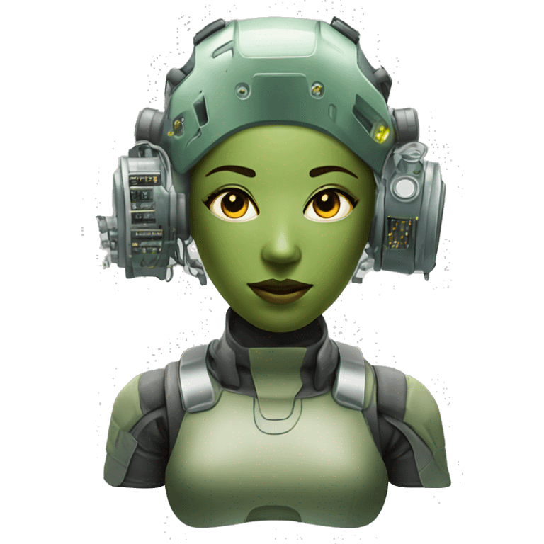 Olive green hair female cyborg head with respirator mask and circuits emoji