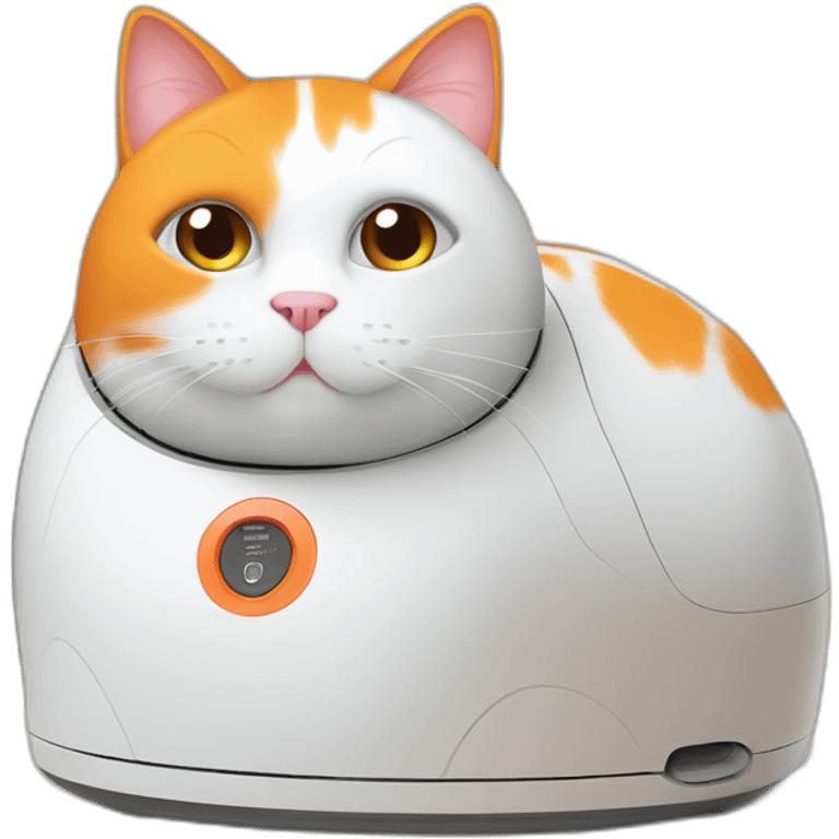 fat white and orange cat sitting on white robot vacuum emoji