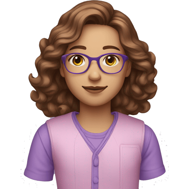 architect green eyes, prescription glasses, brown hair with highlights, wearing blue, lilac pink clothes emoji