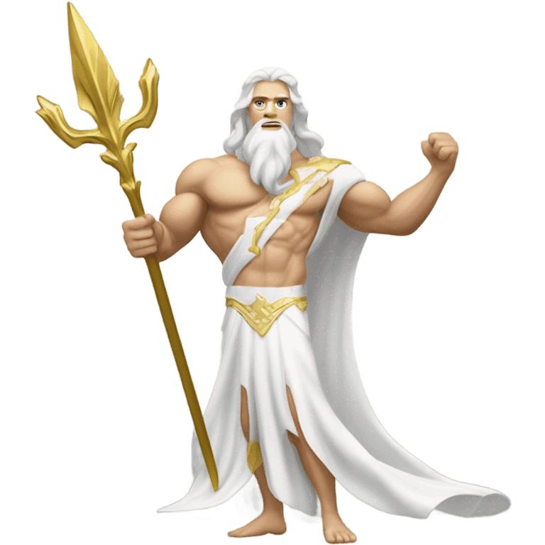 white Poseidon with gold Trident. long white hair white dress. show biceps muscle emoji