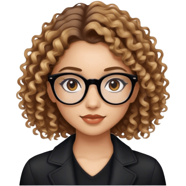 Girl with black glasses with light skin and light makeup and slight smile with brown curly hair with blond highlights in a stylish outfit  emoji