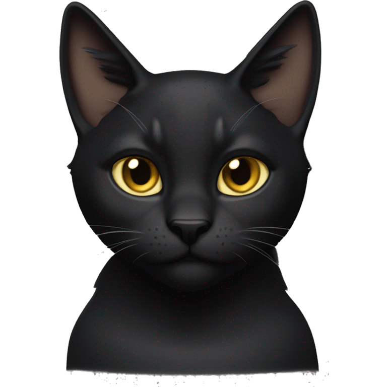 A  petite, solid black sleek furred cat. Light yellow eyes. Black pointed tufts of fur at the tips of ears only (tip of triangle on ear) similar to a lynx cat. Fully body and no other color markings. Facing forward and standing with ears slightly tilted. emoji