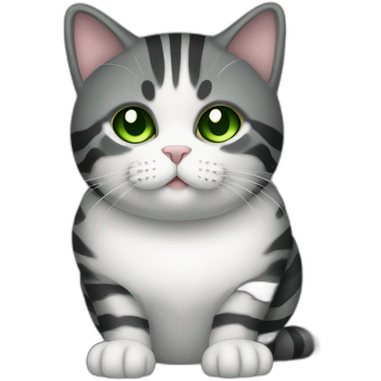 Chubby Striped dark grey female cat with Green eyes and white chest emoji