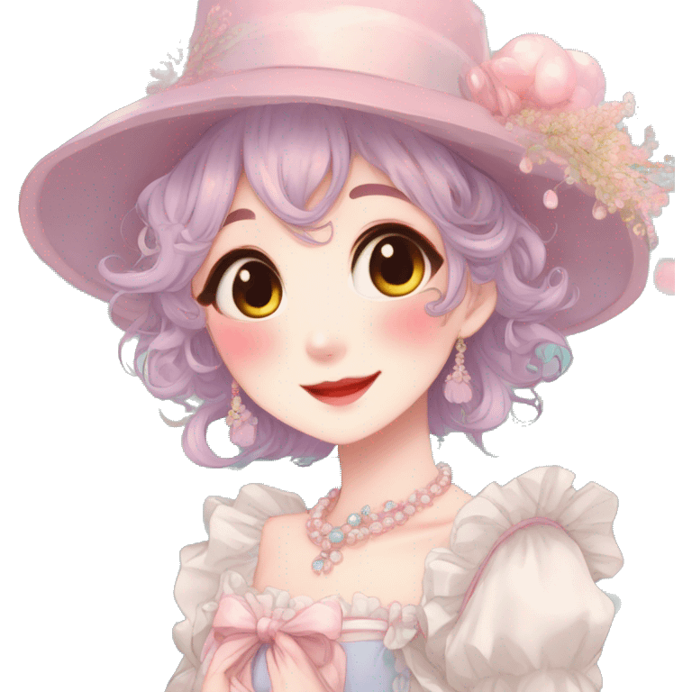 Gorgeous anime style lady with blushing face and accessories cottagecore fairycore Kawaii anime colorful pearly romantic aesthetic trending style emoji