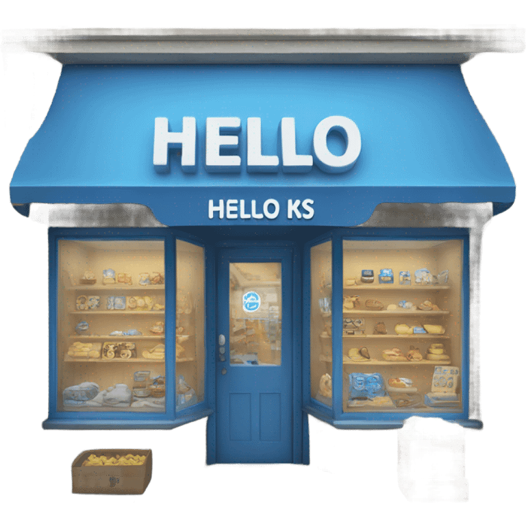 Shop with the inscription "hello kids" in blue emoji