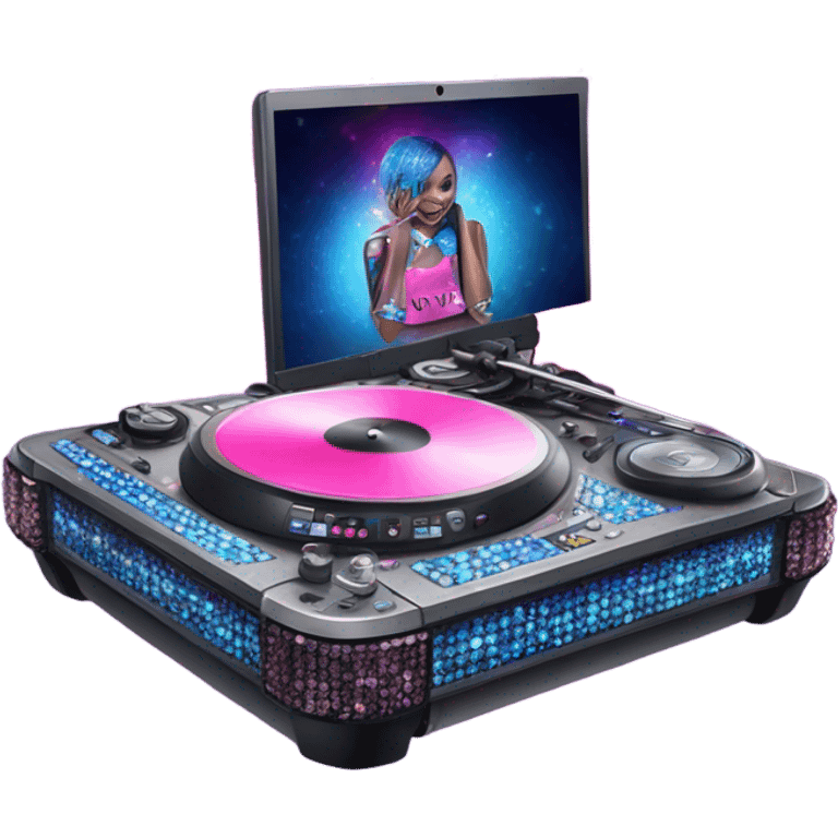 Realistic DJ turntable setup with pink,blue,and purple sparkling diamonds and rhinestones on it. emoji