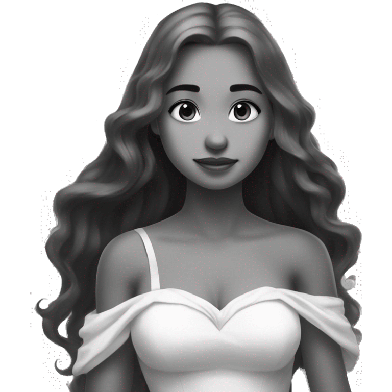 prinvk, 1girl, solo, dress, long hair, bare shoulders, princess, monochrome  emoji