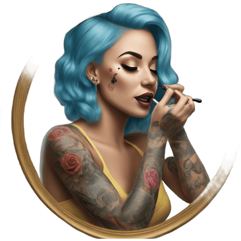 Hyper Realistic Beautiful tattooed woman applying her makeup in a mirror  emoji