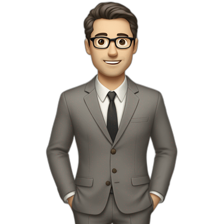 Full height Pale skinned Fit Man With dark brown hair in classic gray suit, beige office shirt, dark gray tie, and vintage glasses. His right hand stretched out emoji