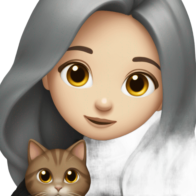 Girl with long brown hair, black sweater, hug grey cat emoji