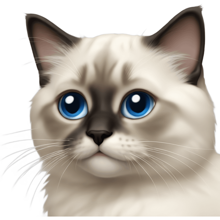 an entire birman kitten, small face, some spots of dark on the ears and middle of the face, blue eyes, laying down relaxed on a shoulder. emoji